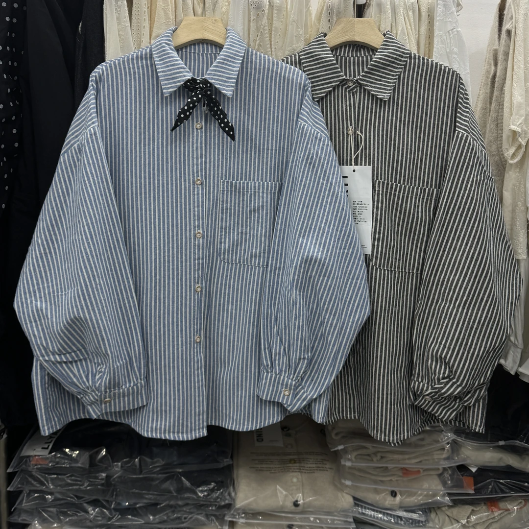 25年春季新款竖条纹蓝色黑灰色长袖内搭衬衫大版宽松四季可穿衬衣