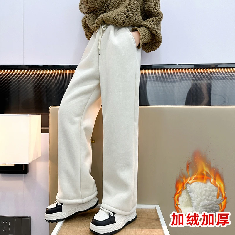 女童加绒加厚阔腿裤2023新款女大童宽松韩版直筒裤儿童羊羔毛裤子