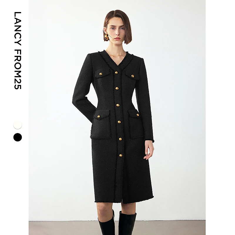 朗姿2024年冬季新款高级感法式小香风复古气质v领显瘦时尚连衣裙