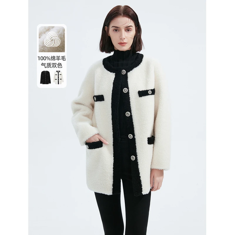 【会员专享】朗姿纯羊毛法式小香风仿皮草大衣外套女冬新款设计感