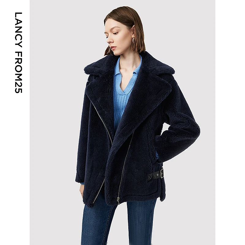 朗姿纯羊毛高端夹克外套上衣冬季新款洋气高级感毛茸茸翻领仿皮草