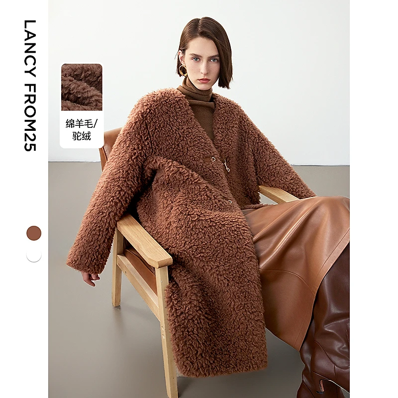 朗姿时尚百搭廓形复古高级感大衣2024年冬季新款加厚