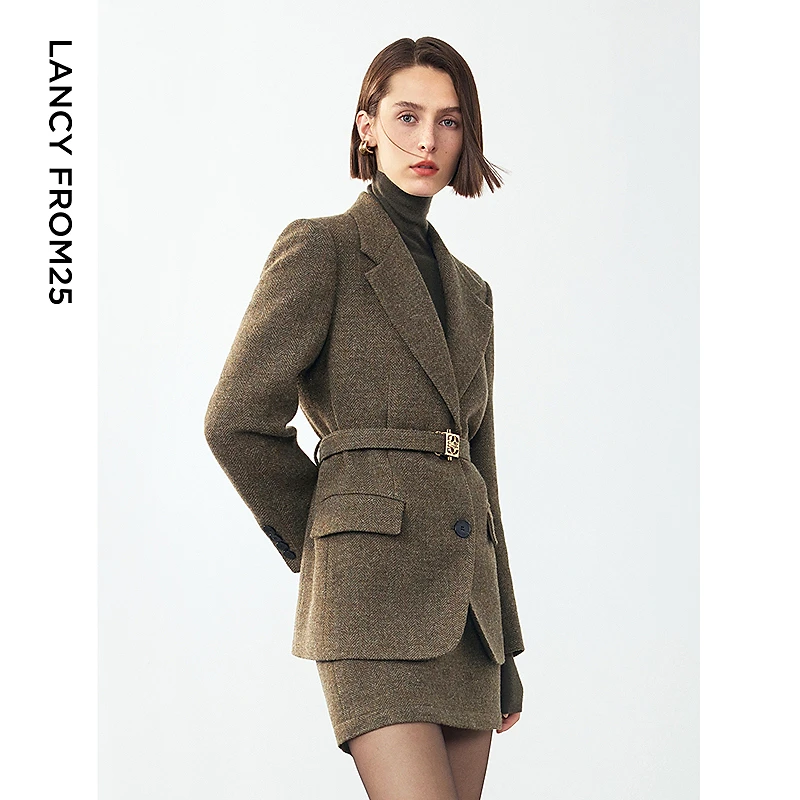 朗姿2024年冬季新款纯羊毛复古人字纹设计感西装外套气质收腰西服