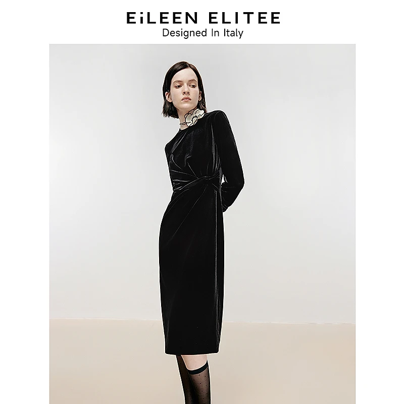 朗姿欧洲EiLEEN ELITEE2024冬新款裙子复古丝绒收腰中长款连衣裙