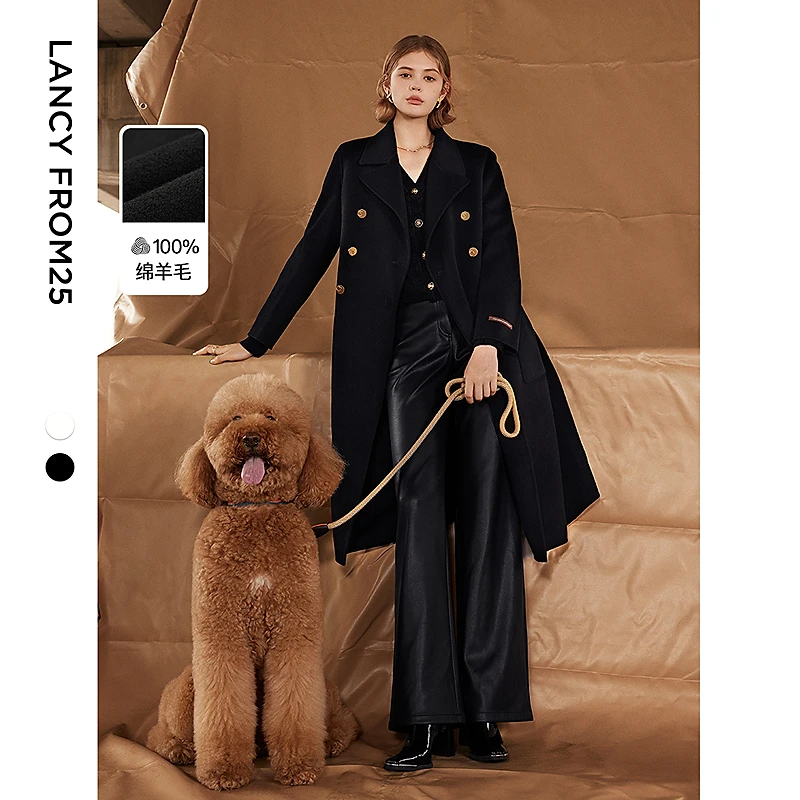 朗姿纯羊毛复古简雅双面呢气质高级感呢大衣女2024冬新款毛呢外套