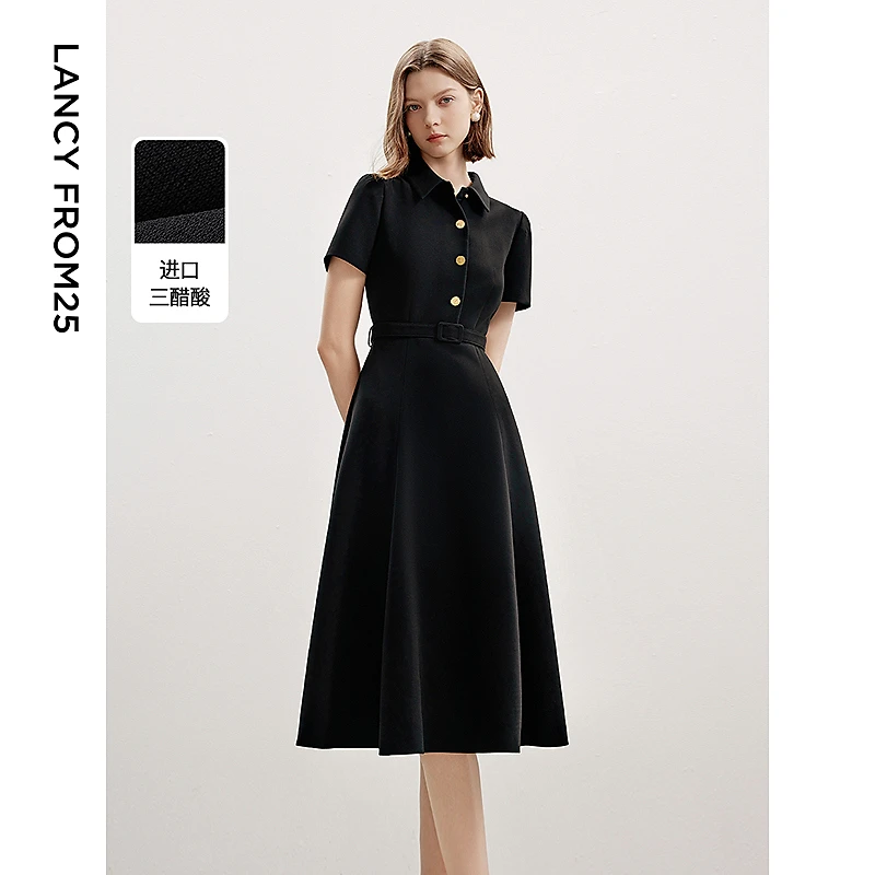 朗姿三醋酸法式复古收腰气质高级感裙子女2024秋季新款黑色连衣裙