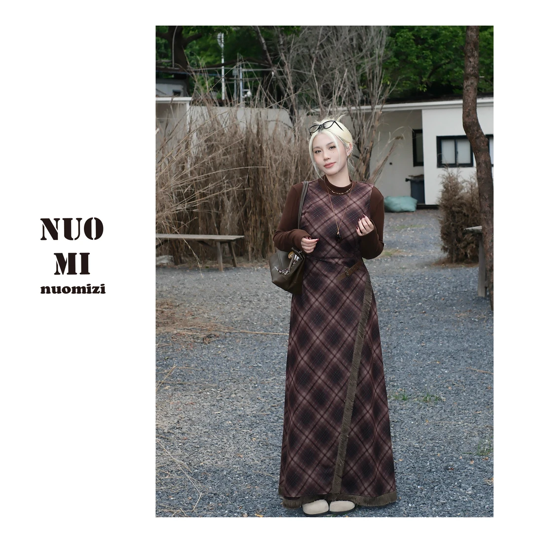 ZOZ糯米子[咖苏里里]背心裙子女秋冬新款法式格子背心连衣裙