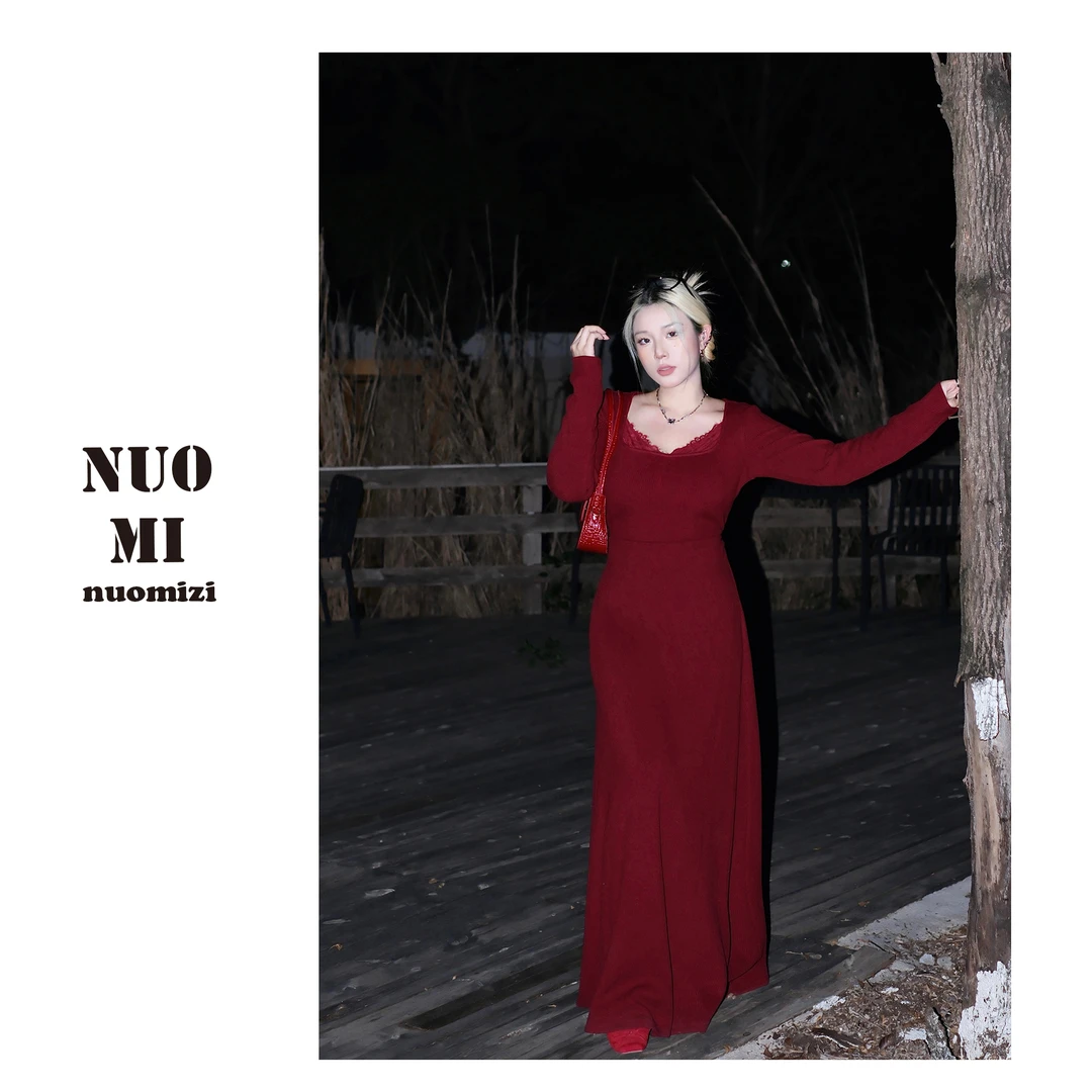 ZOZ糯米子 [微醺玫瑰]长袖连衣裙女秋冬季法式修身收腰显瘦长裙子