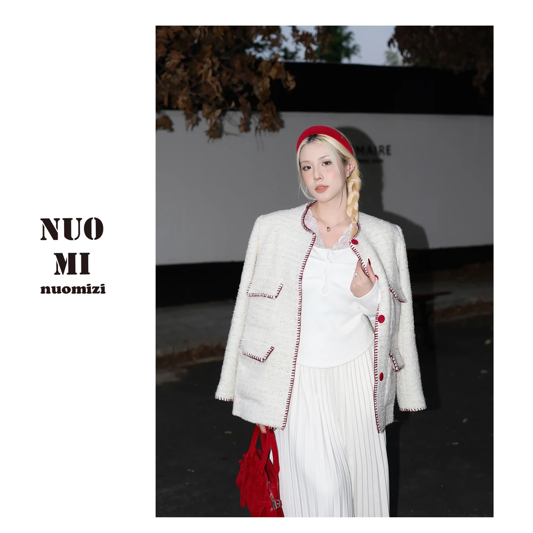 ZOZ糯米子[精致小香]粗花呢白色法式女秋冬季夹棉加厚小香风外套