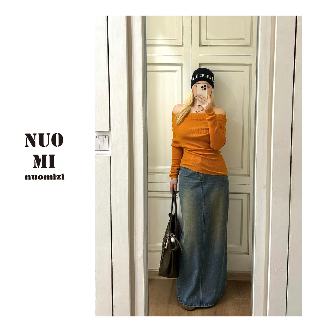 ZOZ糯米子[颜值牛仔] 修身显瘦复古蓝做旧高腰时尚牛仔直筒长裙女