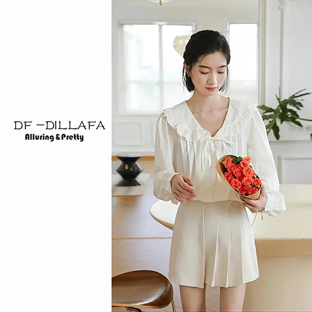 99106 【法式娃娃】减龄穿搭！女式气质温柔荷叶领雪纺长袖衬衫