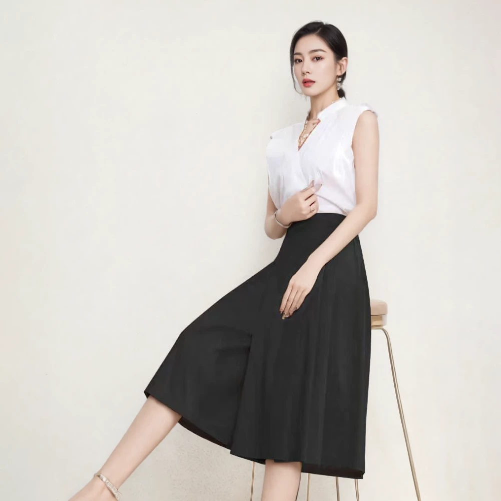 9985「奢-裙裤」显瘦藏肉！女式夏气质高腰A字不规则七分阔腿休闲裤