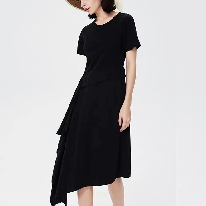 42058   柜货！简约显瘦夏日黑色圆领不规则时尚休闲气质连衣裙