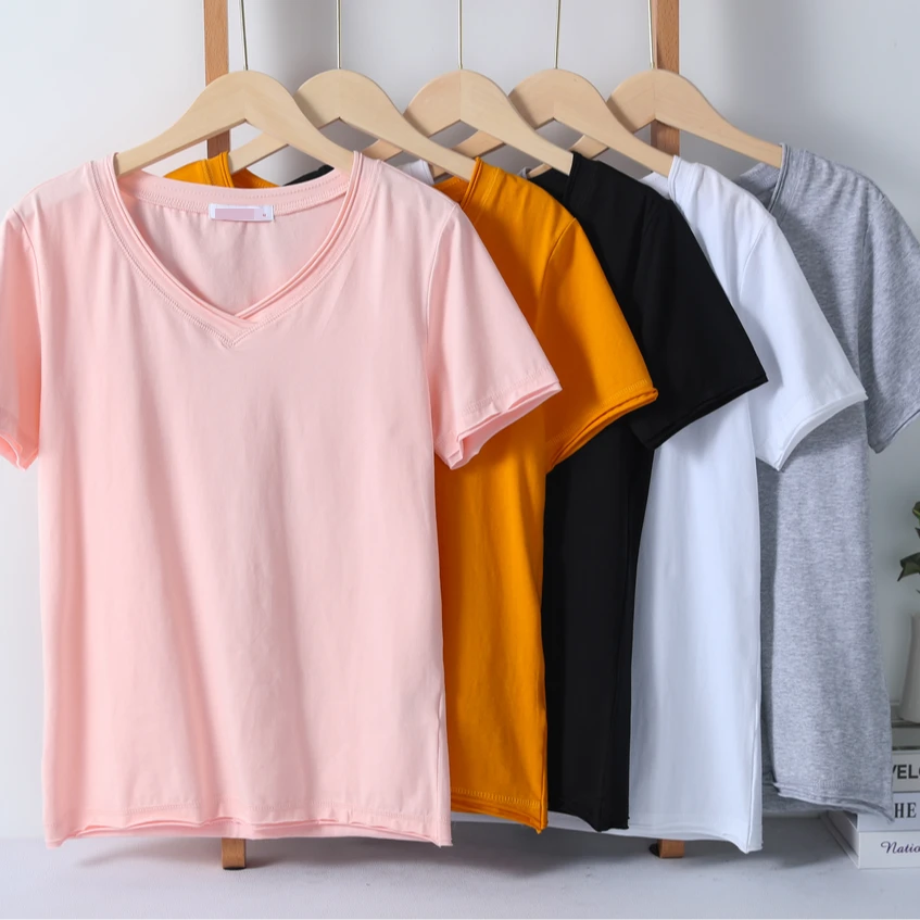 73052 柜货！莱卡棉有弹力！细腻有质感！女式纯色V领显瘦短袖t恤
