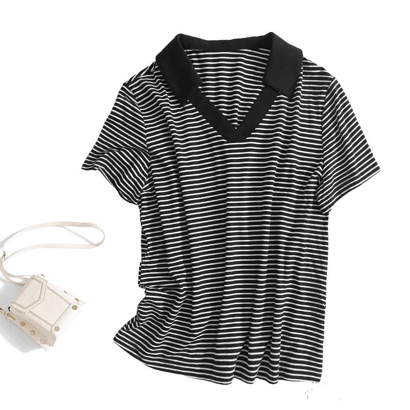 33908  柜货!  休闲显瘦百搭女式夏季条纹翻领棉T恤