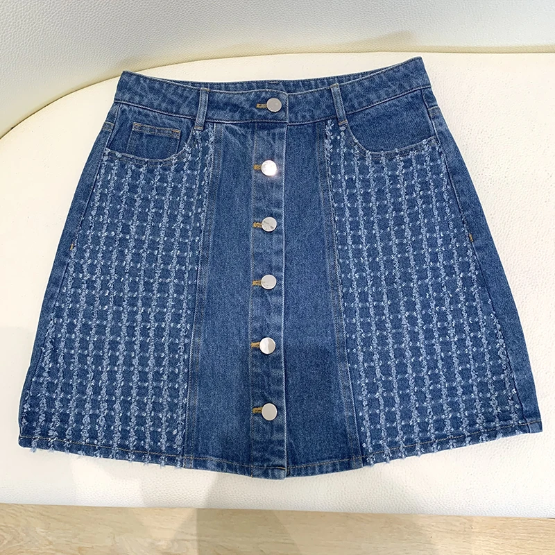 03099 小个子友好！棉！韩版小香风破洞单排扣A字型女款牛仔短裙