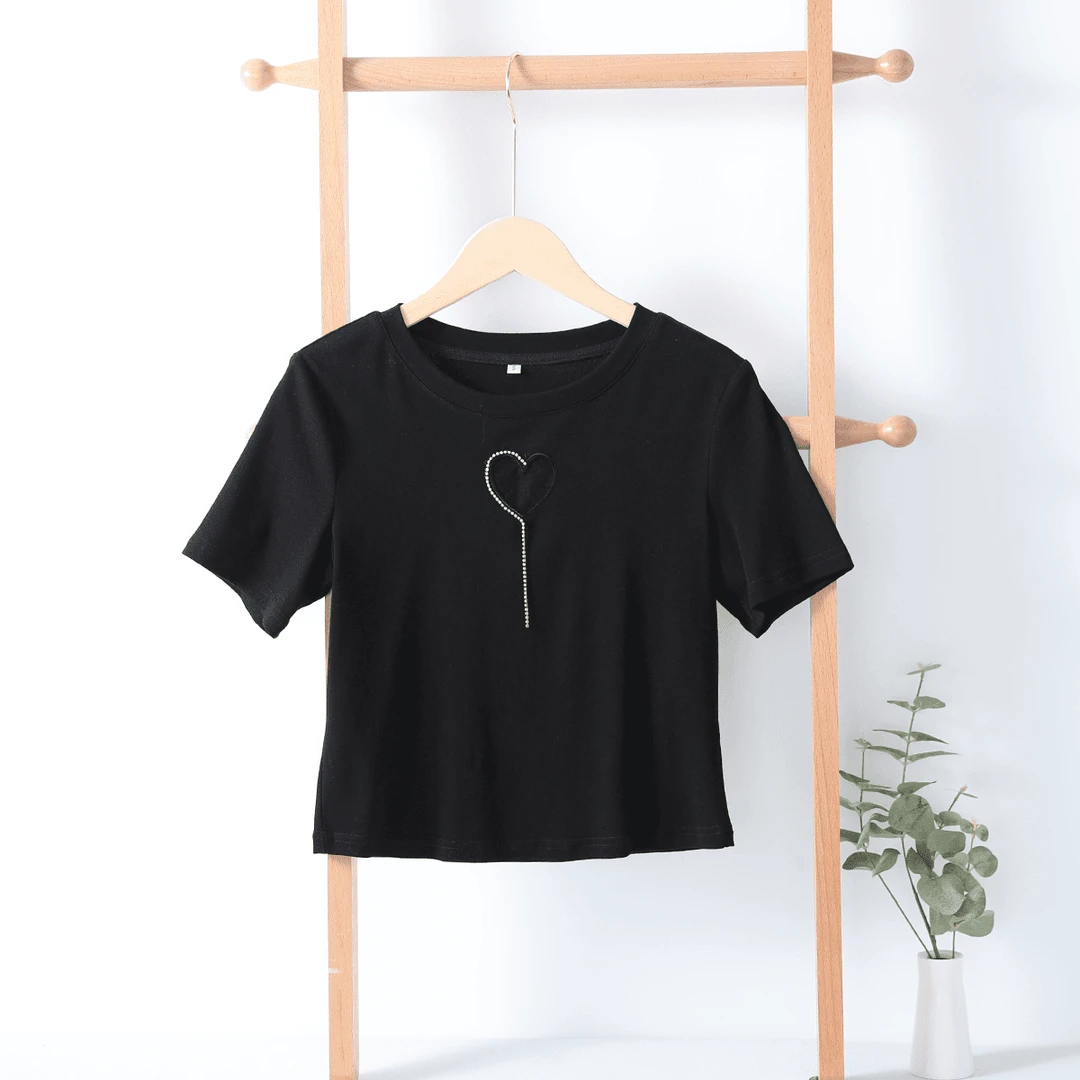31918  更精致高弹棉~   女式夏季休闲圆领爱心设计感短袖T恤