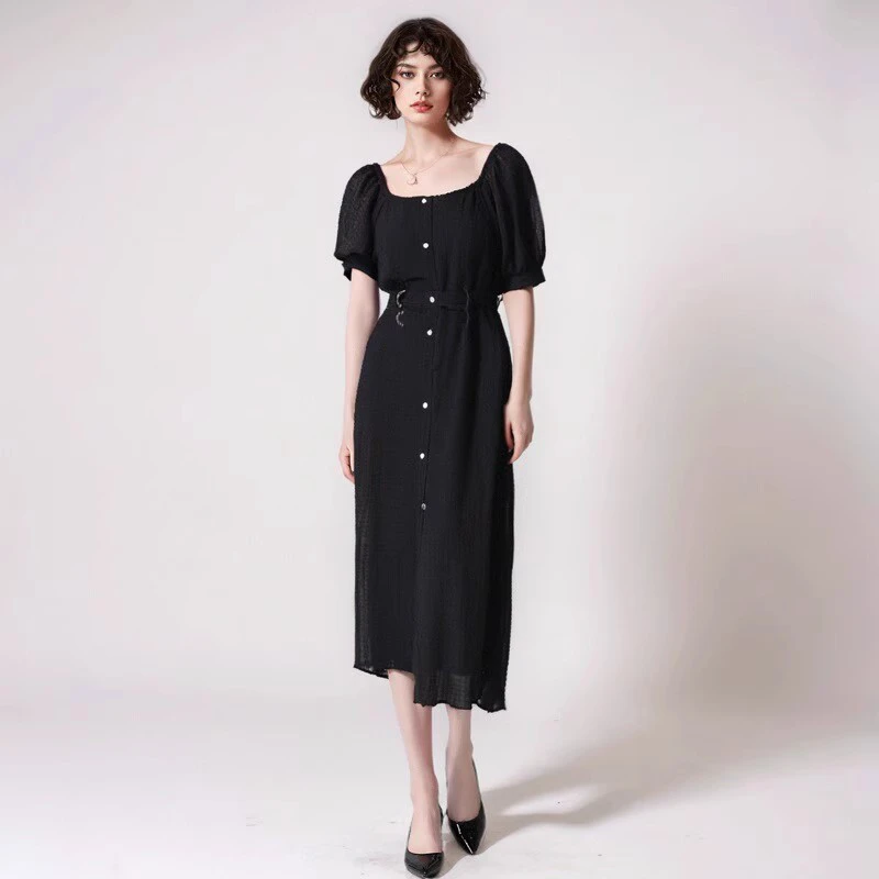21202 轻奢柜货！夏季女款纯色系带收腰显瘦别致纽扣中长款连衣裙