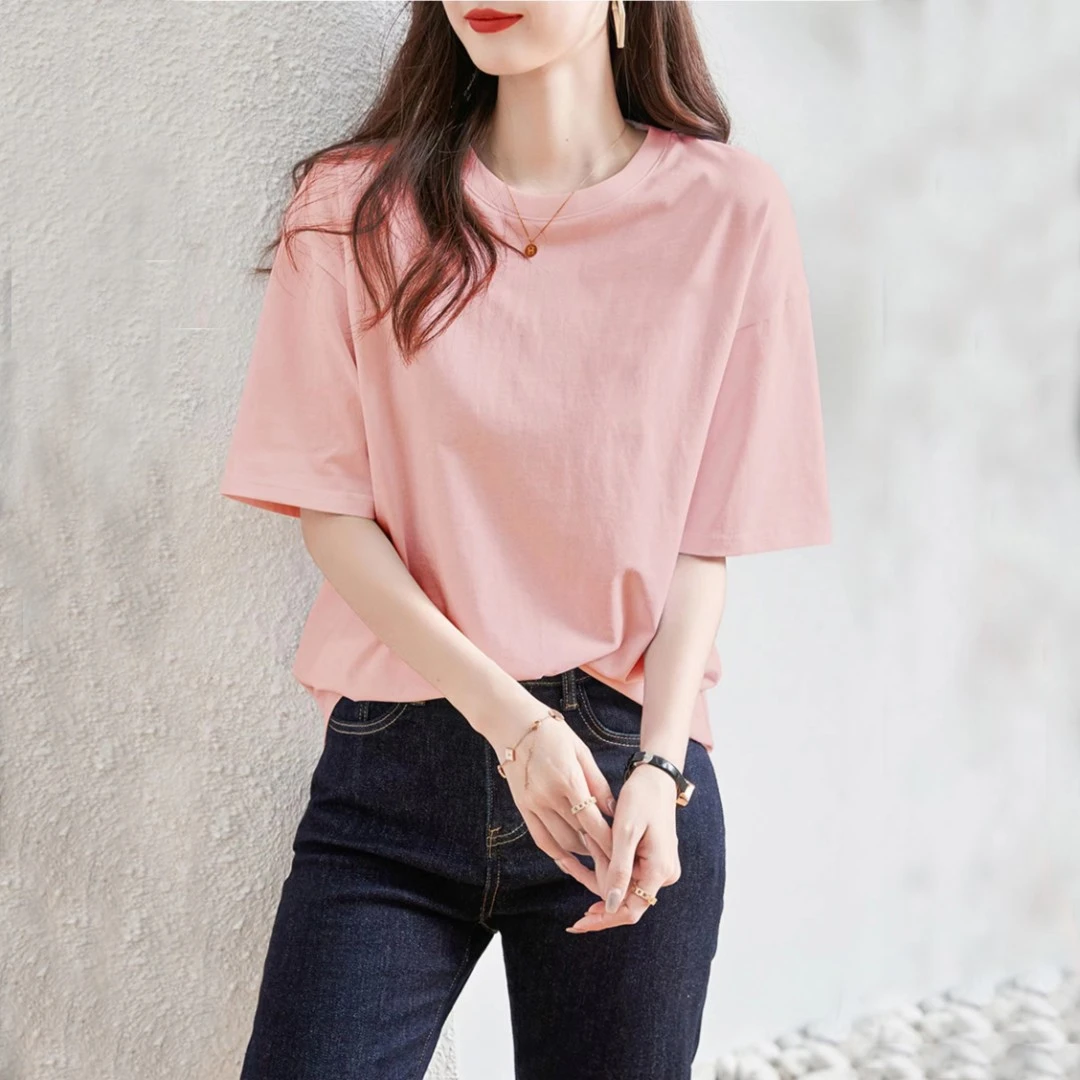 A-6561 【轻柔全棉100棉！】超亲肤！女士短袖圆领清爽百搭宽松T恤