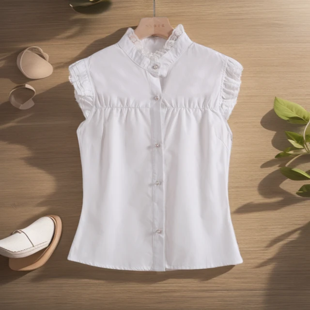 21517 优雅百搭！夏日女式设计感时尚荷叶精致白花边立领衬衫