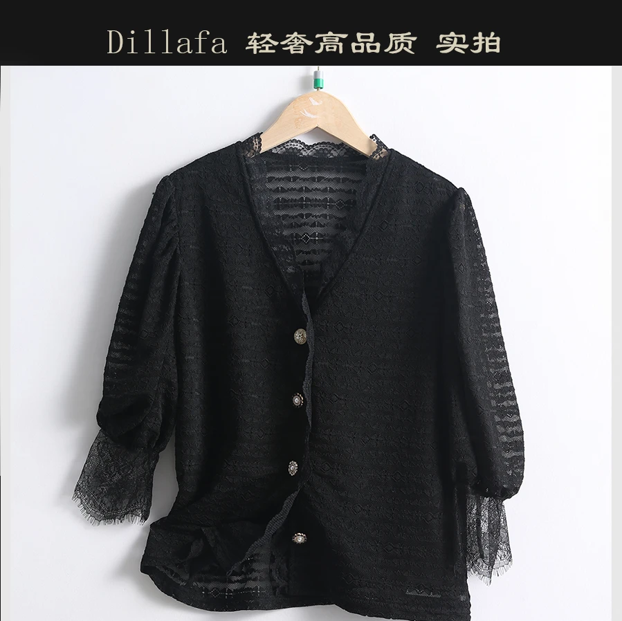 11013  轻奢柜货！  休闲时尚百搭镂空女式夏日泡泡中袖蕾丝小衫