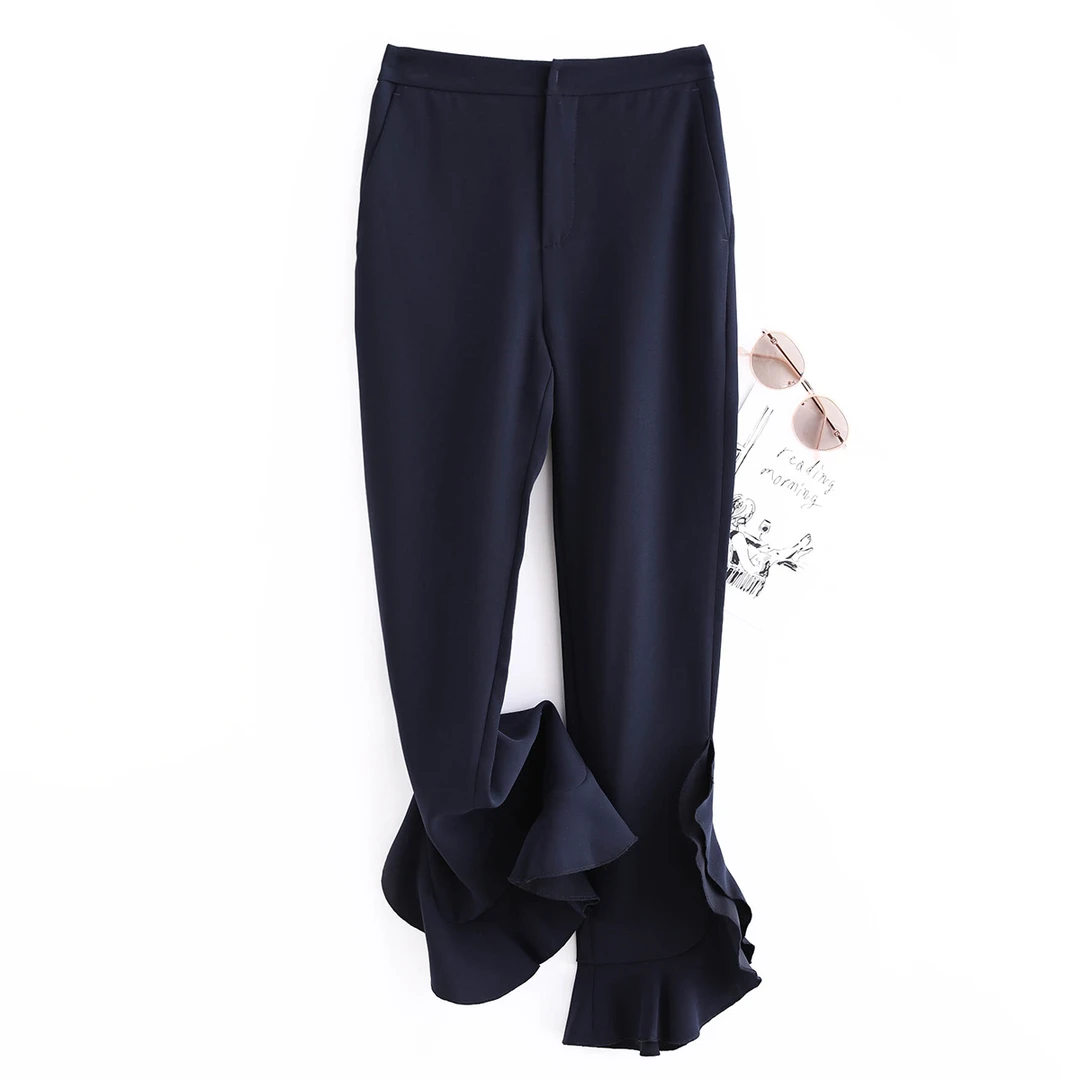 9088 柜货，女式夏季时尚百搭设计感黑色显瘦荷叶边九分直筒休闲裤