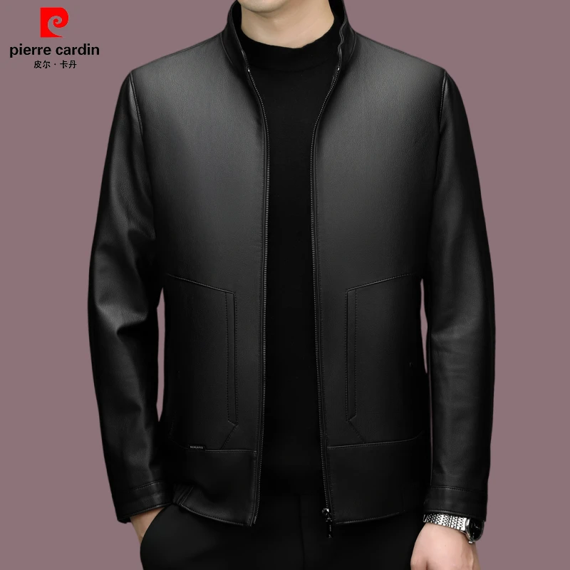 皮尔卡丹男士休闲皮衣高档中年爸爸款立领加绒皮夹克秋冬加厚外套