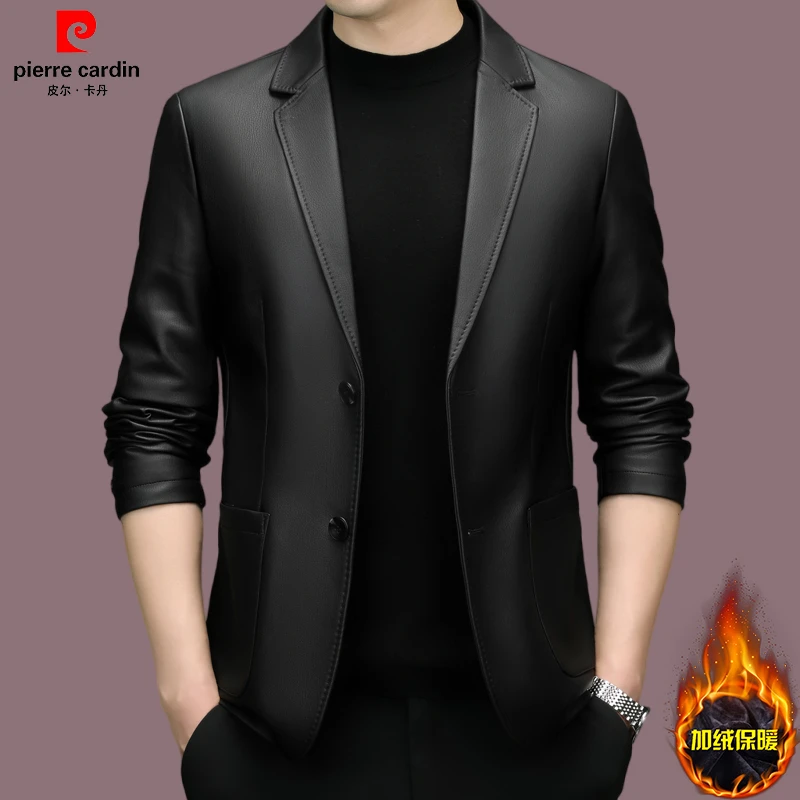 【皮尔卡丹】男士加绒保暖修身皮衣秋冬季商务休闲百搭帅气羽绒西装