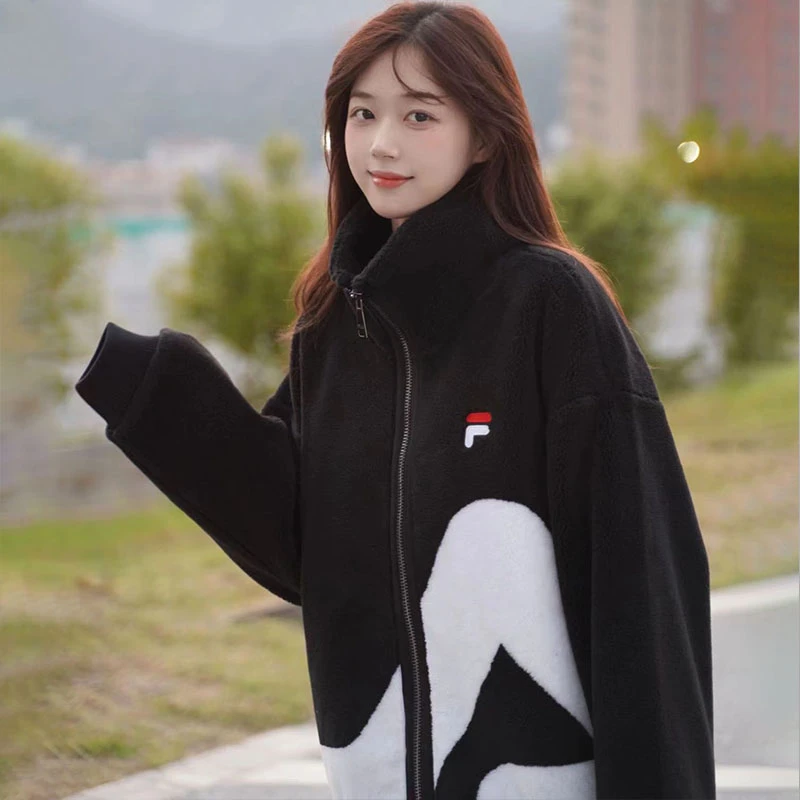 FILA斐乐羊羔绒外套情侣款冬季加绒加厚保暖上衣摇粒绒夹克外衣女