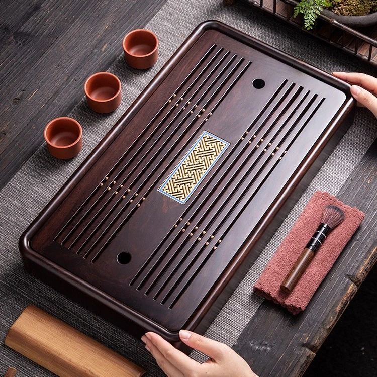 家用黑檀木实木茶盘大号长方轻奢小型办公室储水式干泡盘茶台托盘