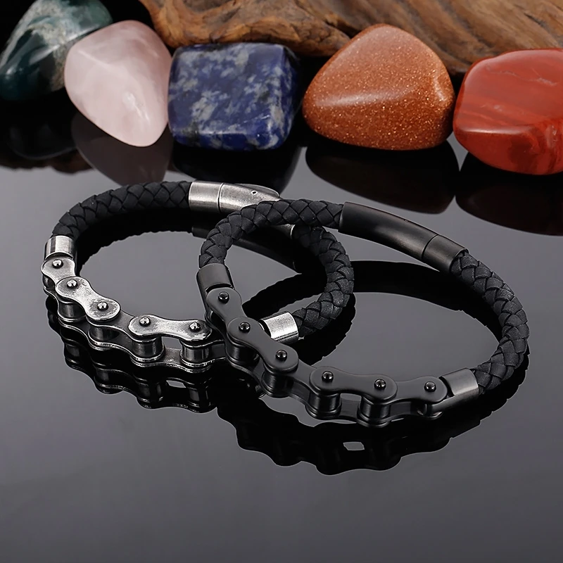 钛钢皮质手镯 欧美外贸街头潮流时尚皮手环个性百搭皮质单车手链