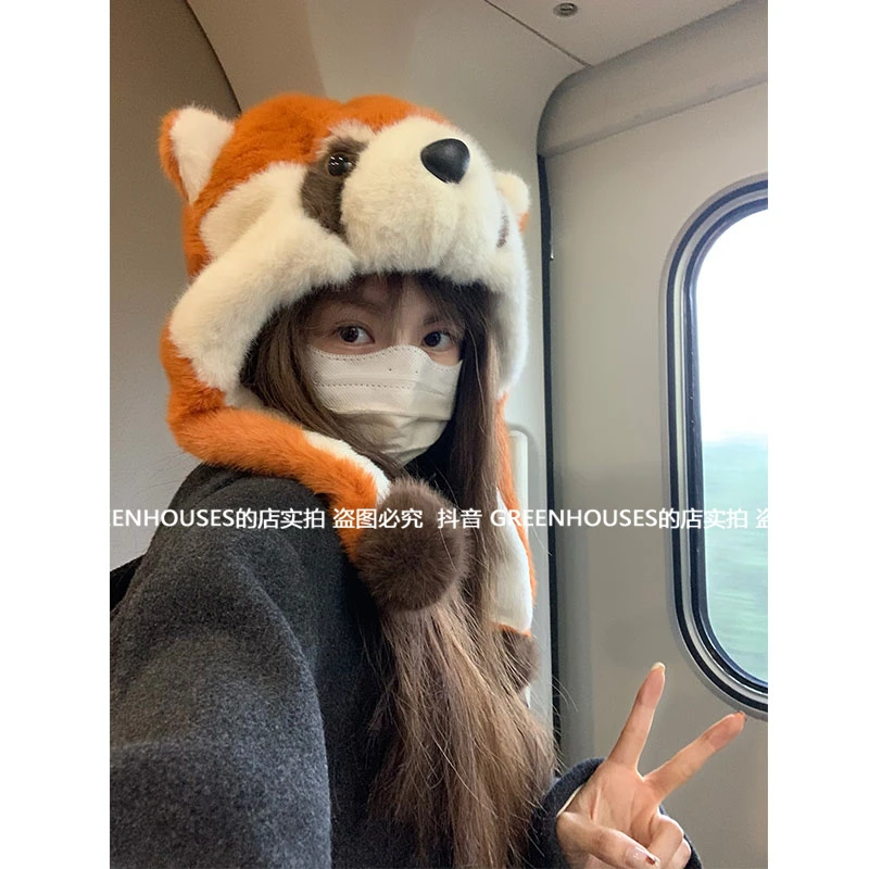 GREENHOUSES可爱小浣熊毛绒雷锋帽女冬季滑雪保暖防寒护耳套头帽