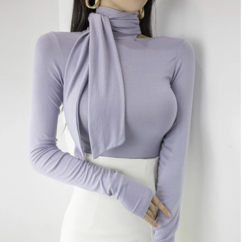 设计感立领系带长袖T恤女2024春季新款韩版修身显瘦打底衫上衣