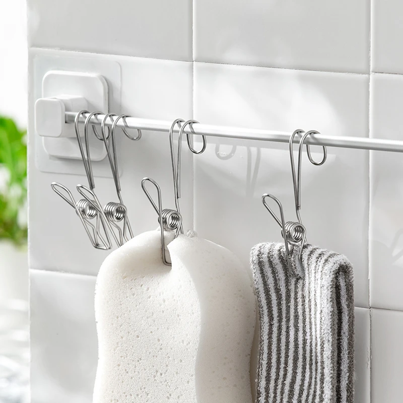 【10个装】不锈钢挂钩夹子卧室浴室毛巾悬挂多功能带钩收纳长尾夹