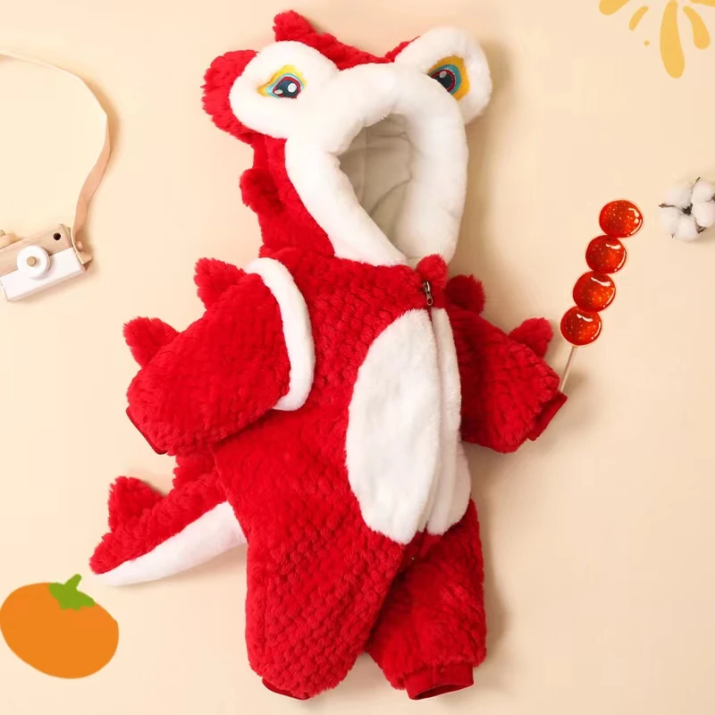 C【哆来咪】婴幼儿冬拜年服红色喜庆龙宝宝新年连帽加绒连体爬服WX