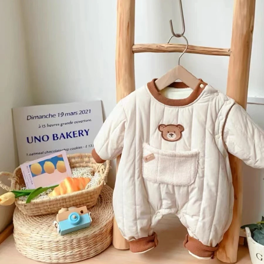 C【优选】韩版婴幼儿宝宝长袖加绒加厚卡通动物绣花连体衣外出服WX