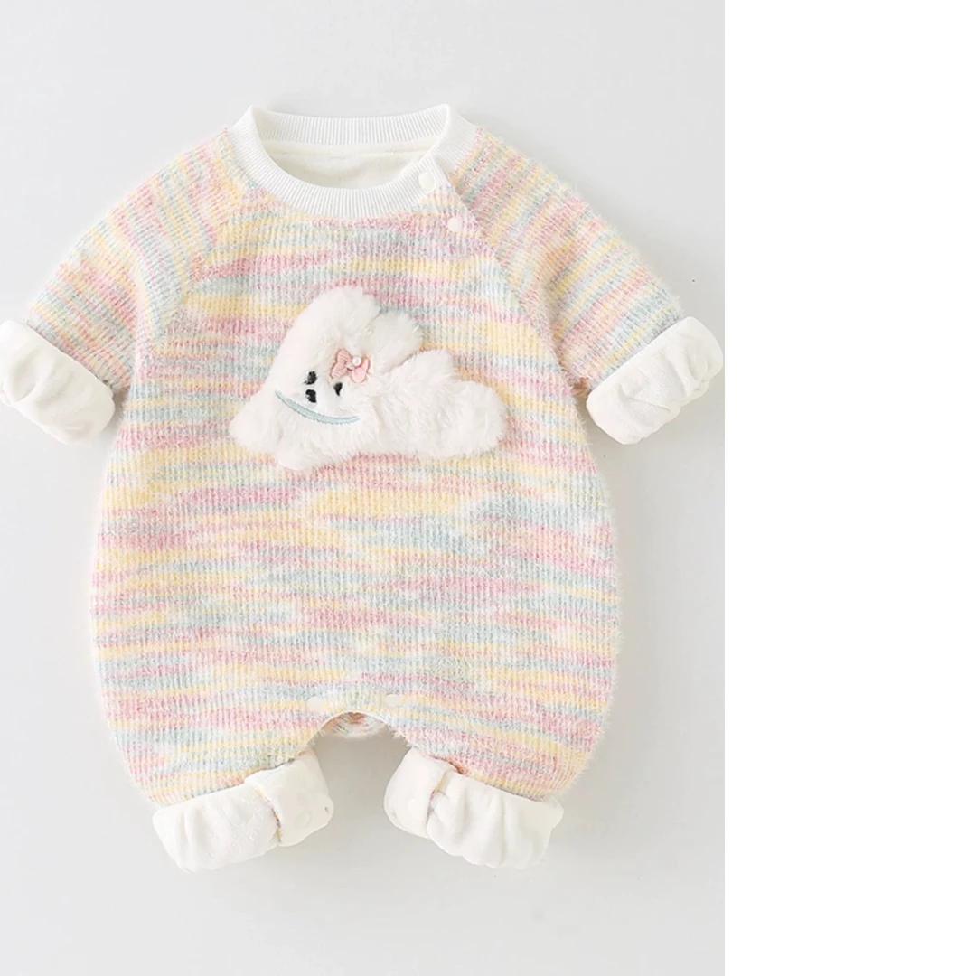 X【优选】春秋新款女宝精致彩虹毛线晕染插肩连体衣立体小兔造型zm