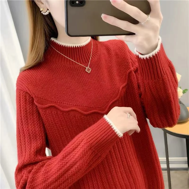 女半高领秋冬新款纯色宽松针织打底时尚百搭套头毛衣