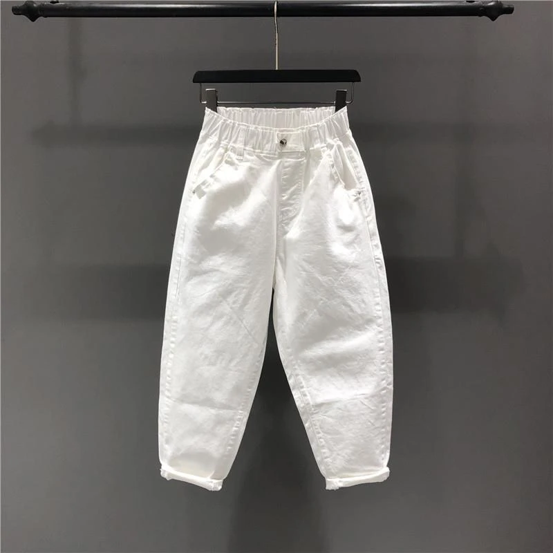 秋季新款小个子松紧高腰休闲牛仔老爹裤女生宽松八九分哈伦裤时尚