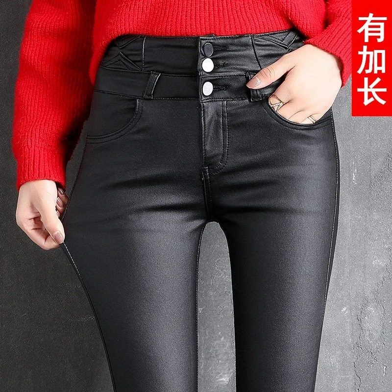 高腰皮裤女加绒加厚秋冬新款加长打底裤紧身显瘦亚光磨砂小脚靴裤