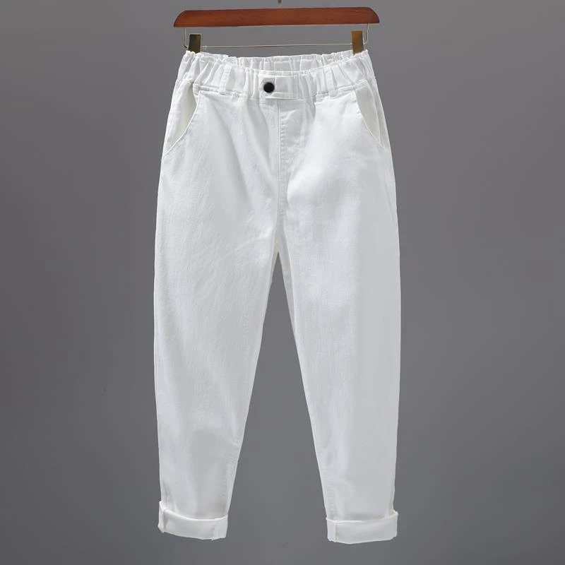 白色牛仔裤女款裤子2025秋冬松紧腰弹力宽松显瘦哈伦裤老爹裤子女