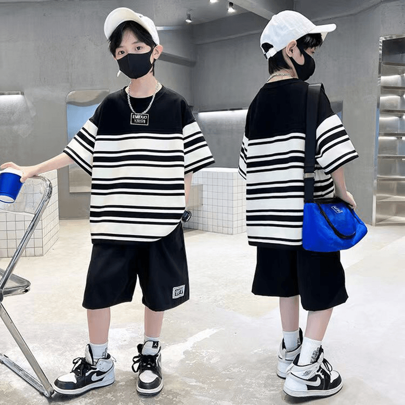 上衣中大童短袖T恤儿童洋气时尚男孩夏款条纹宽松宝宝长袖打底衣