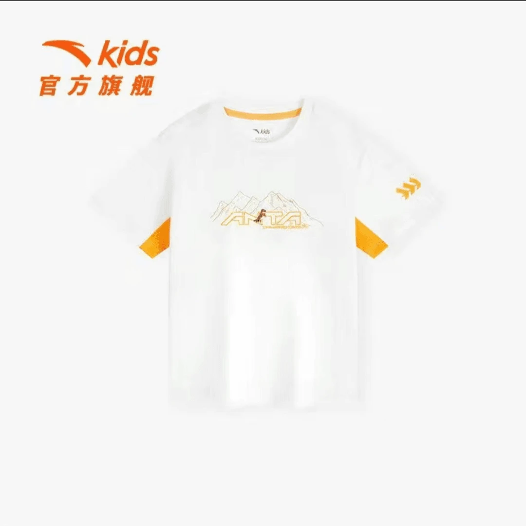 安踏儿童款男童小童运动圆领白色棉针织短袖休闲T恤352339154