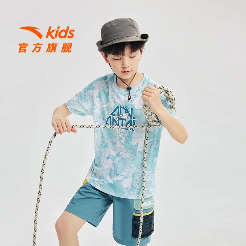 安踏儿童男大童针织短袖衫2024秋透气速干户外运动短袖352436101B