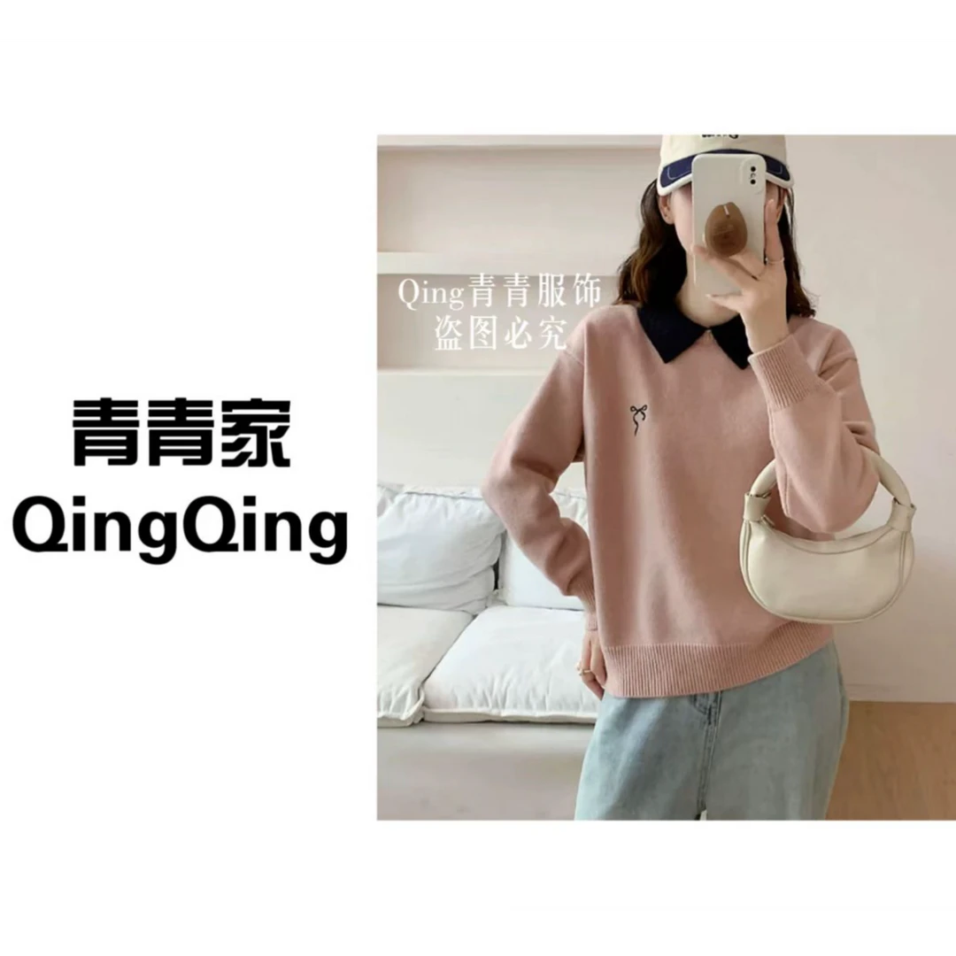 青青家  冬季新款POLO领蝴蝶结图案设计感针织衫-p096