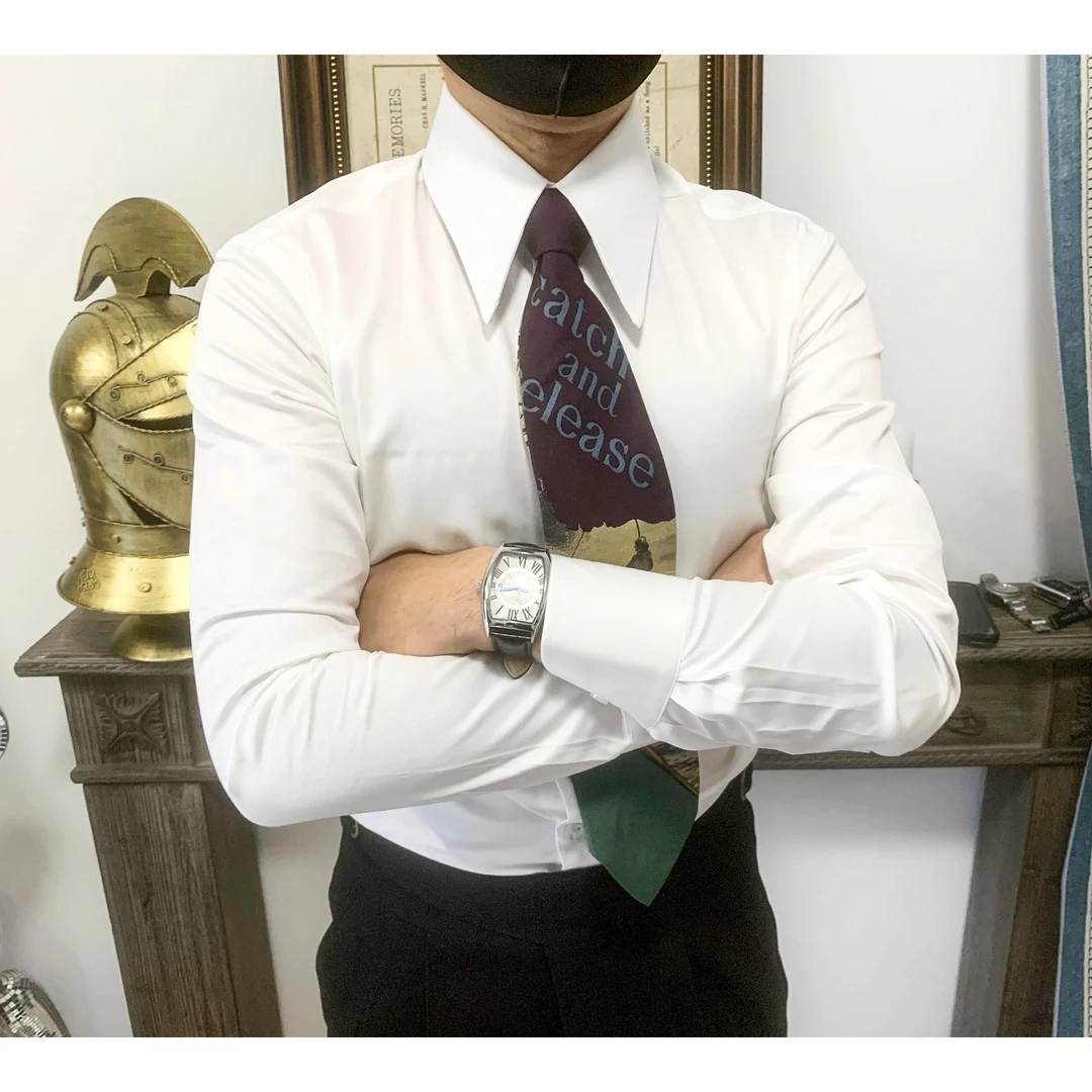 春夏新品意式长尖领纯色白色男士修身长袖衬衫休闲百搭时尚