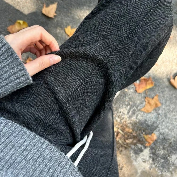 绵羊毛裤人字纹加绒加厚保暖2024冬季新款直筒显瘦阔腿-SJ