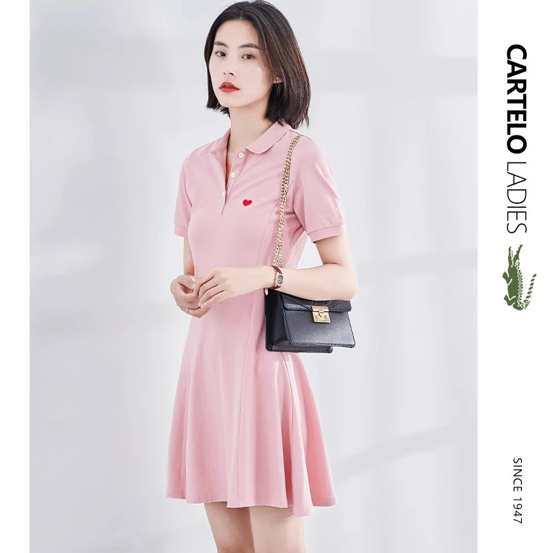 CARTELO LADIES粉色Polo连衣裙女款设计感爱心Polo裙减龄气质长裙