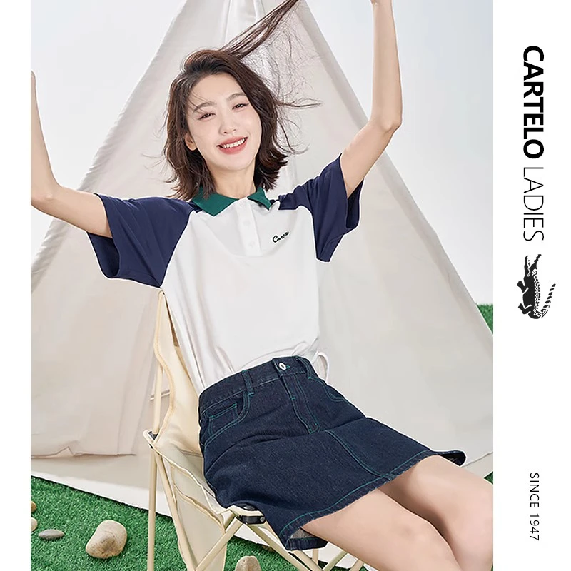 CARTELO LADIES正肩Polo衫女夏季薄款休闲拼色显瘦Polo领短袖t恤