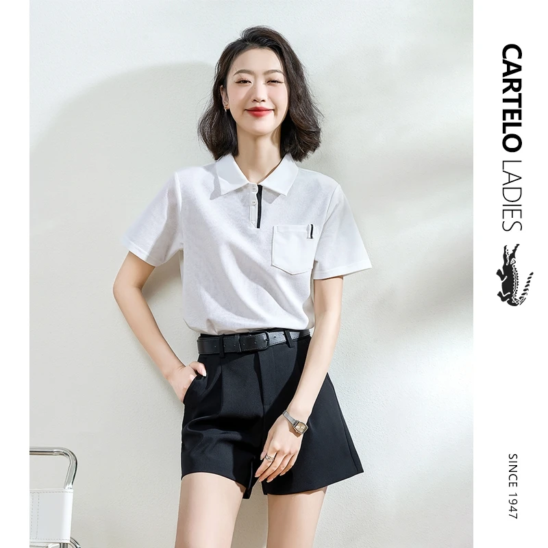 CARTELO LADIES鳄鱼白色POLO衫女短袖夏季休闲运动Polo领T恤上衣